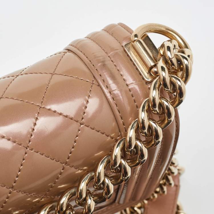 Pre Owned Chanel Beige Quilted Patent Leather Small Boy Flap Bag