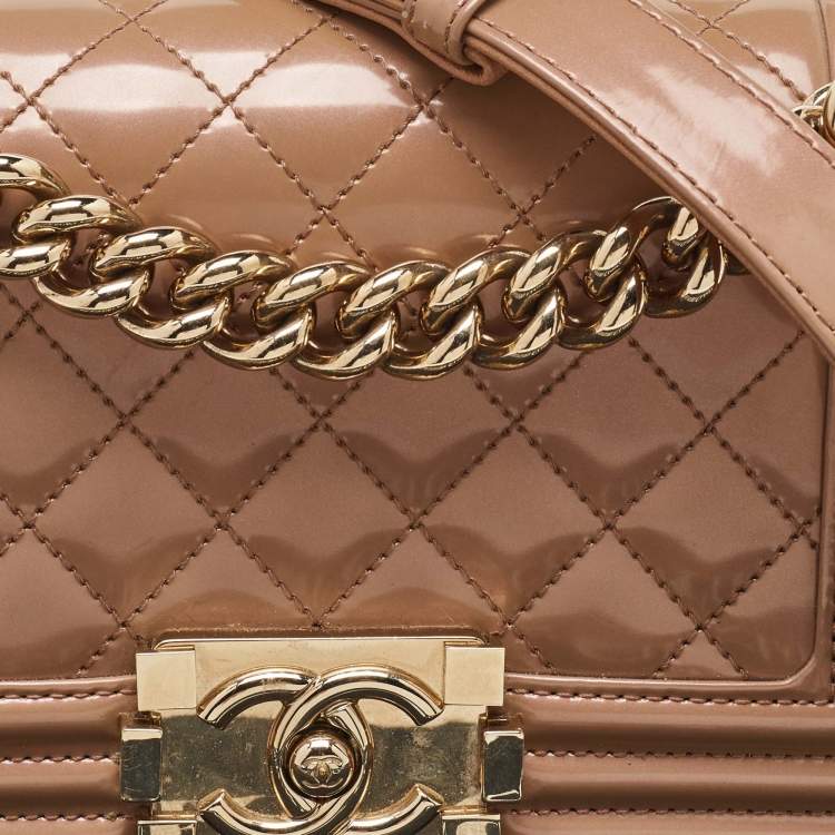 Pre Owned Chanel Beige Quilted Patent Leather Small Boy Flap Bag
