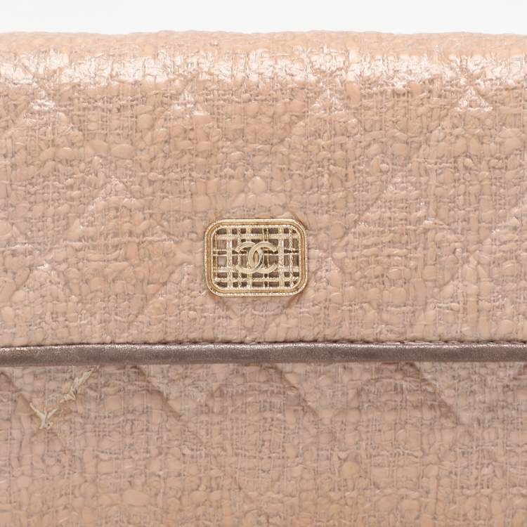 Pre Owned Chanel Beige Coated Tweed CC Flap Wallet