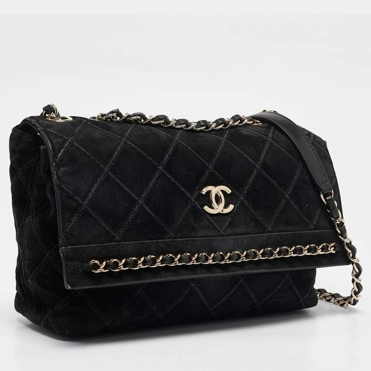 Pre Owned Chanel Black Diamond Stitched Suede Lovely Chains Flap Bag