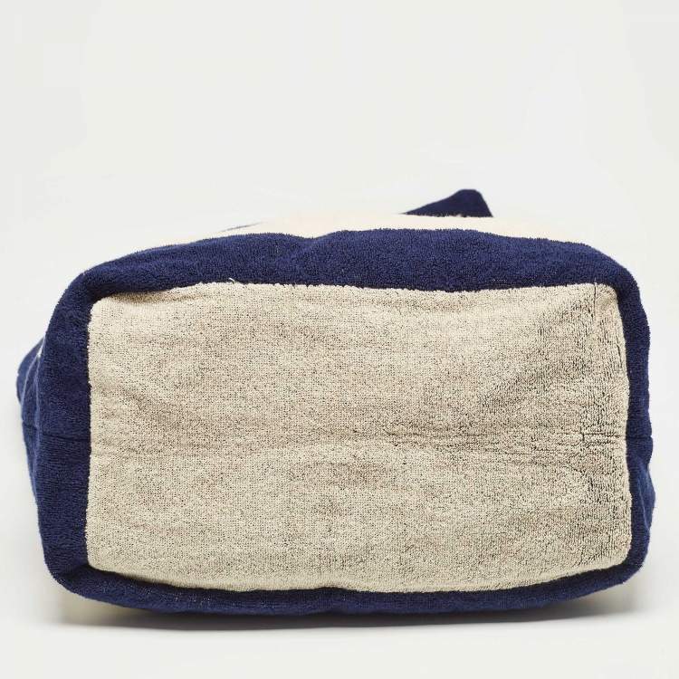 Pre Owned Chanel Navy Blue/Off White Terry Cotton CC Beach Tote