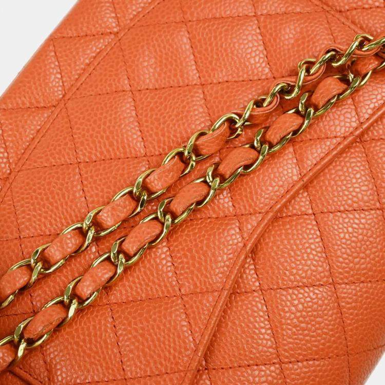 Pre Owned Chanel Orange Caviar Leather Medium Classic Double Flap Shoulder Bag
