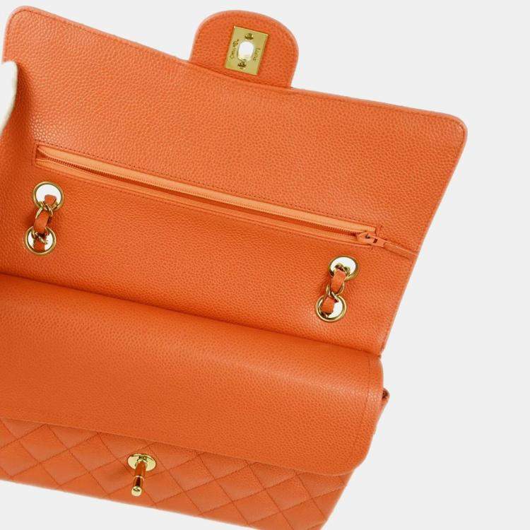 Pre Owned Chanel Orange Caviar Leather Medium Classic Double Flap Shoulder Bag