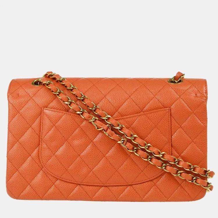 Pre Owned Chanel Orange Caviar Leather Medium Classic Double Flap Shoulder Bag