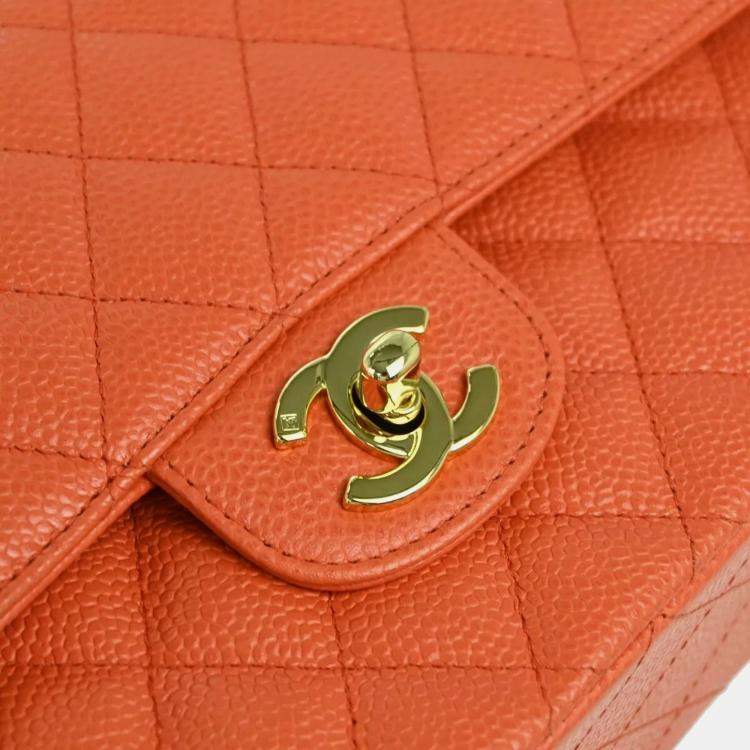 Pre Owned Chanel Orange Caviar Leather Medium Classic Double Flap Shoulder Bag