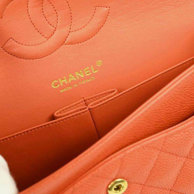 Pre Owned Chanel Orange Caviar Leather Medium Classic Double Flap Shoulder Bag