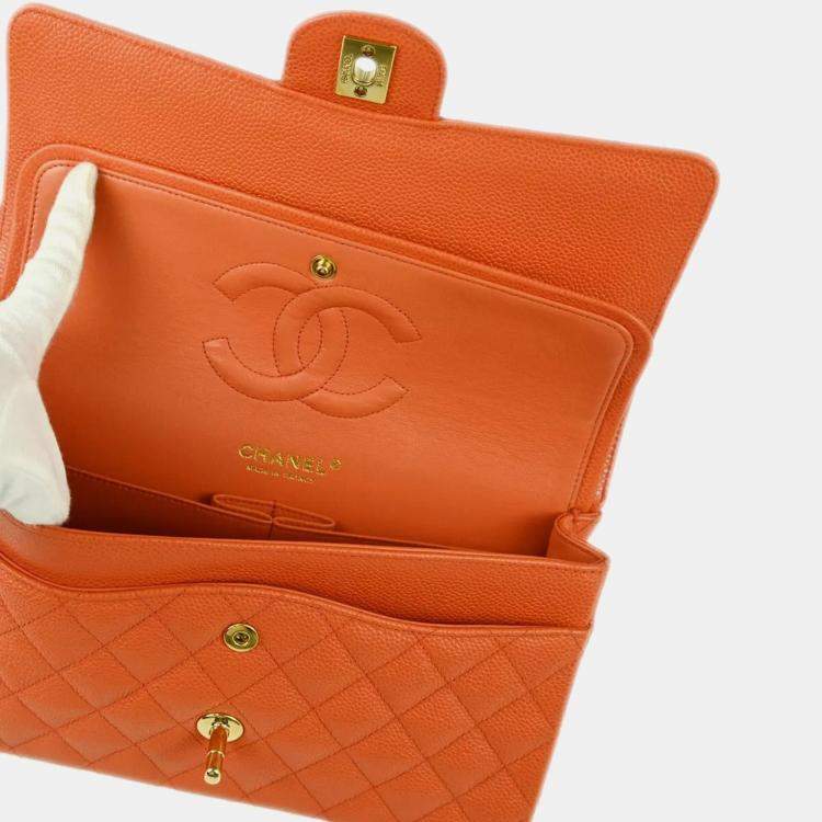 Pre Owned Chanel Orange Caviar Leather Medium Classic Double Flap Shoulder Bag