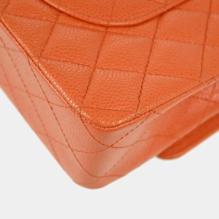 Pre Owned Chanel Orange Caviar Leather Medium Classic Double Flap Shoulder Bag