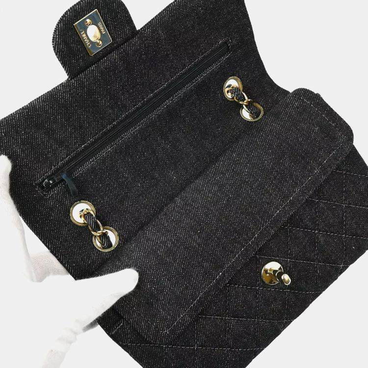 Pre Owned Chanel Black Denim Small Classic Double Flap Shoulder Bag