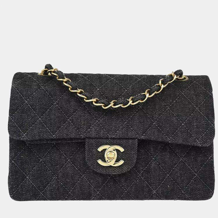 Pre Owned Chanel Black Denim Small Classic Double Flap Shoulder Bag