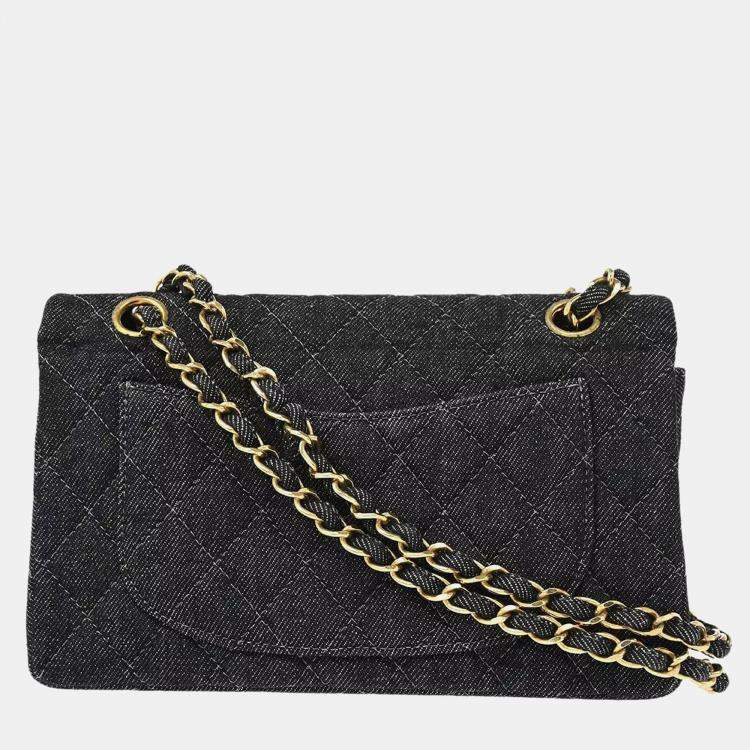 Pre Owned Chanel Black Denim Small Classic Double Flap Shoulder Bag