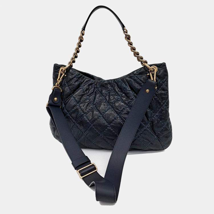 Pre Owned Chanel Navy Blue Caviar Leather Coco Pleats Hobo Bag