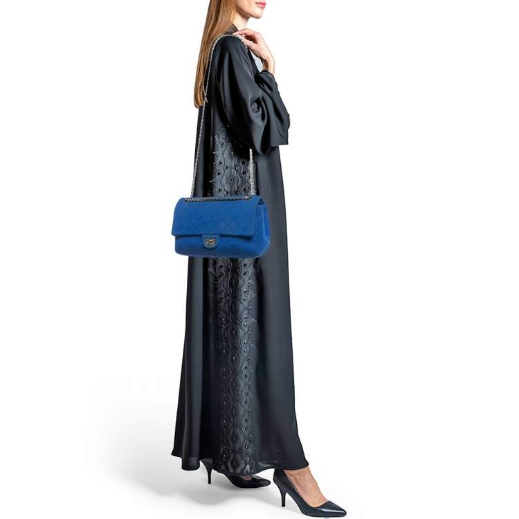 Pre Owned Chanel Blue Quilted Jersey Reissue 2.55 Classic 226 Flap Bag