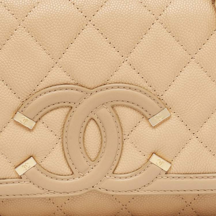 Pre Owned Chanel Beige Quilted Caviar Leather Filigree Wallet on Chain