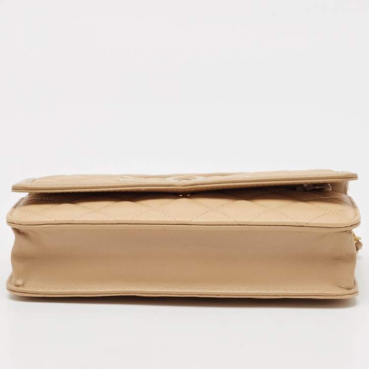 Pre Owned Chanel Beige Quilted Caviar Leather Filigree Wallet on Chain