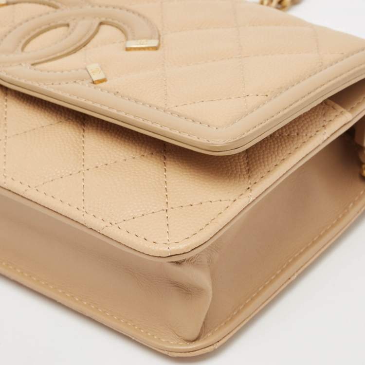 Pre Owned Chanel Beige Quilted Caviar Leather Filigree Wallet on Chain