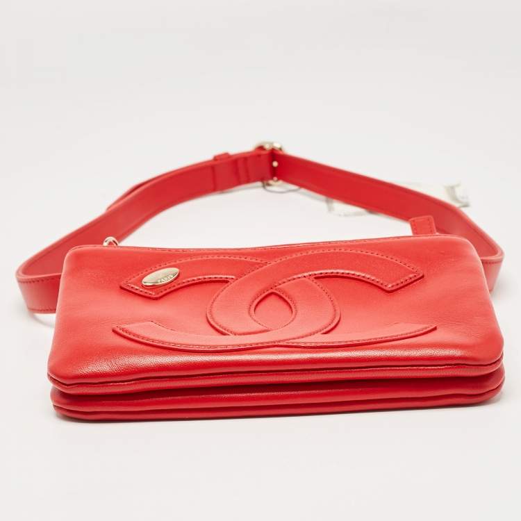 Pre Owned Chanel Red Leather CC Mania Double Zip Waist Belt Bag