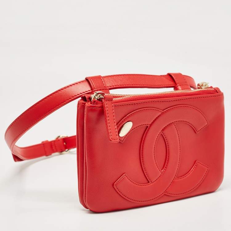 Pre Owned Chanel Red Leather CC Mania Double Zip Waist Belt Bag