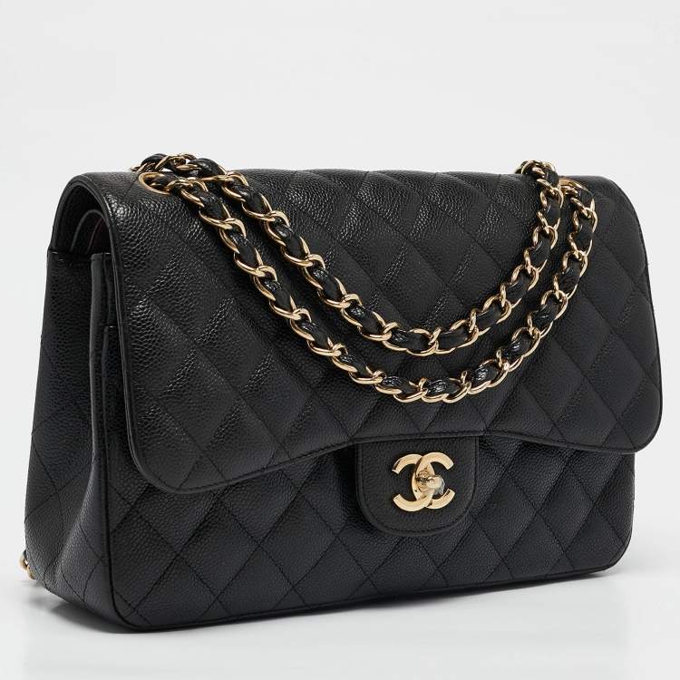 Pre Owned Chanel Black Quilted Caviar Leather Jumbo Classic Double Flap Bag