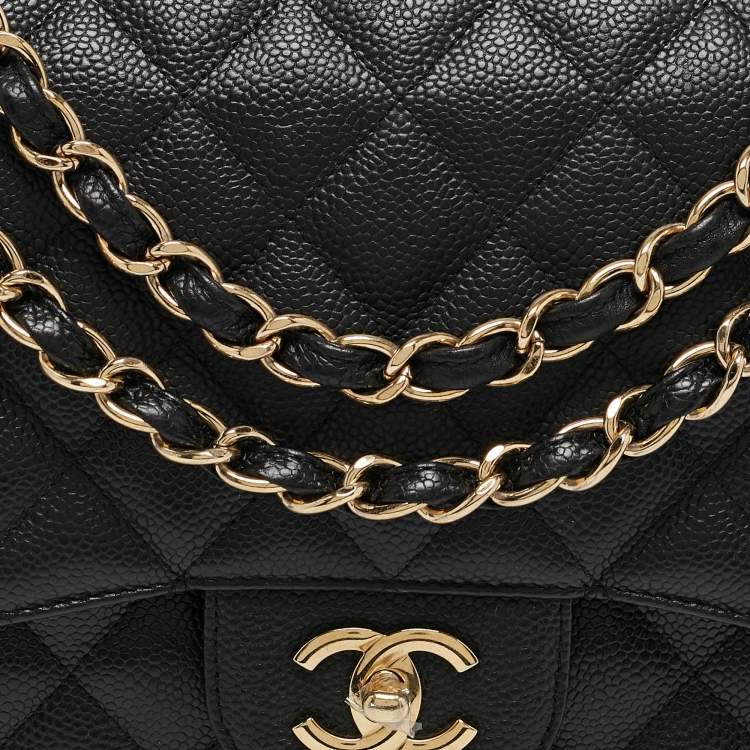 Pre Owned Chanel Black Quilted Caviar Leather Jumbo Classic Double Flap Bag