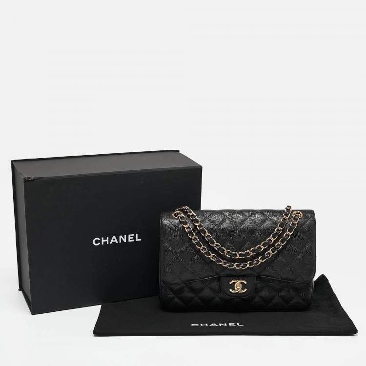Pre Owned Chanel Black Quilted Caviar Leather Jumbo Classic Double Flap Bag