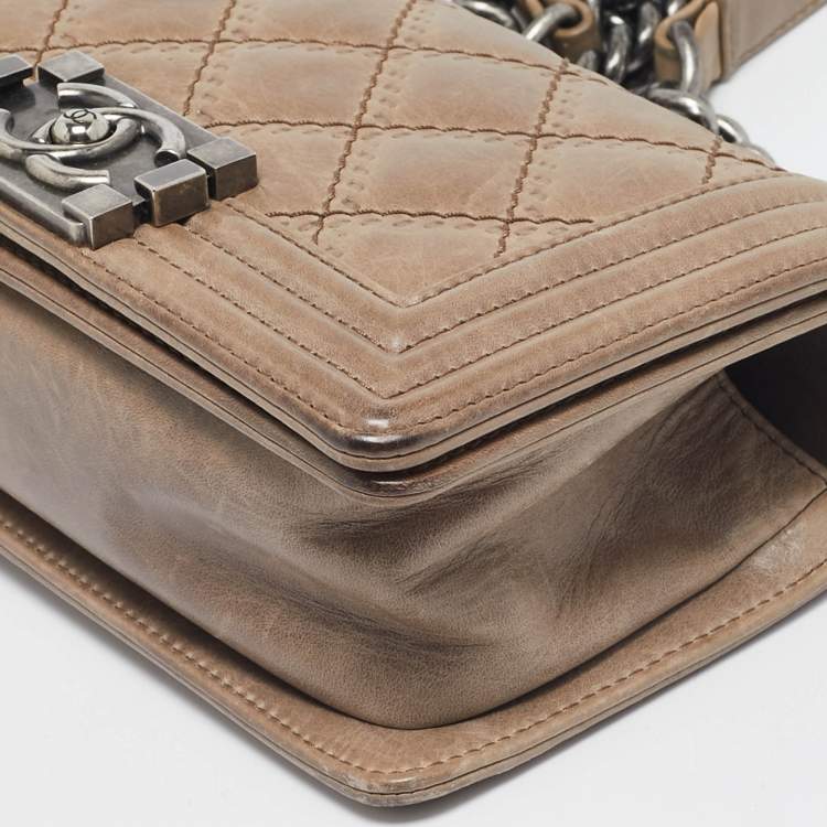 Pre Owned Chanel Beige Double Stitch Quilted Leather Small Boy Flap Bag