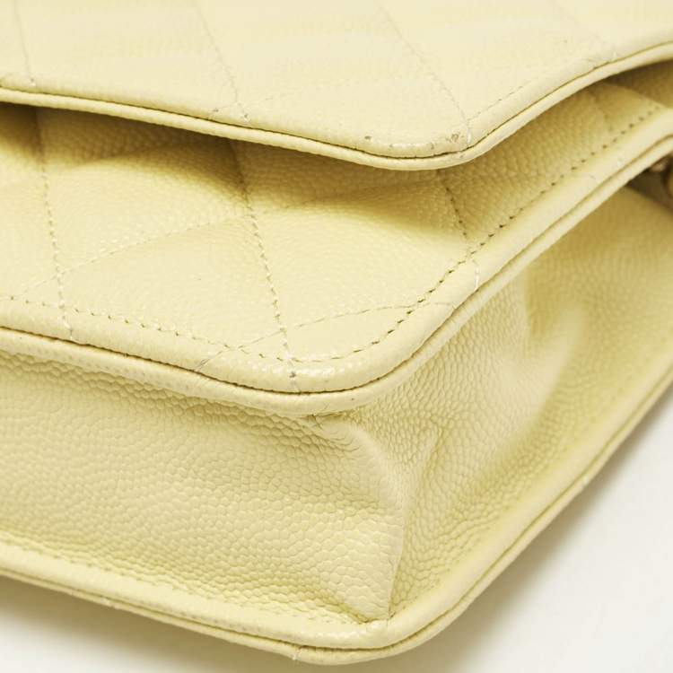 Pre Owned Chanel Yellow Quilted Caviar Leather Classic Wallet on Chain