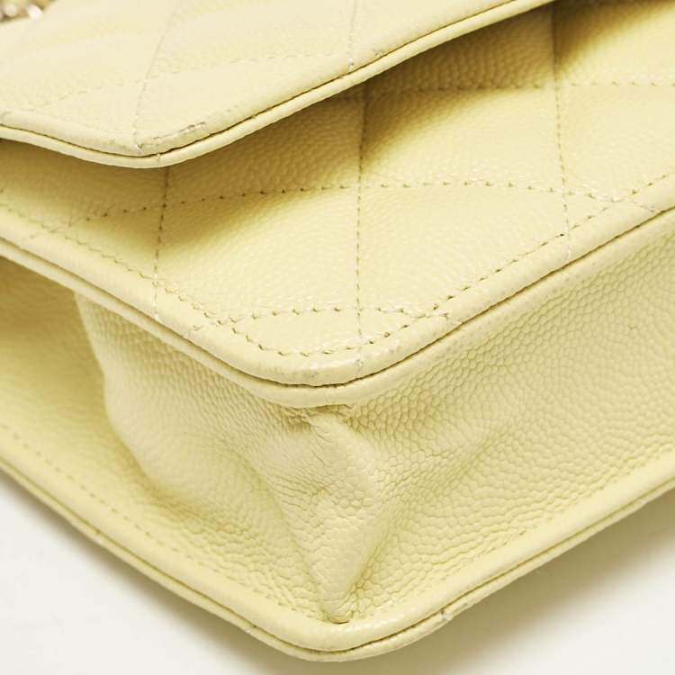 Pre Owned Chanel Yellow Quilted Caviar Leather Classic Wallet on Chain