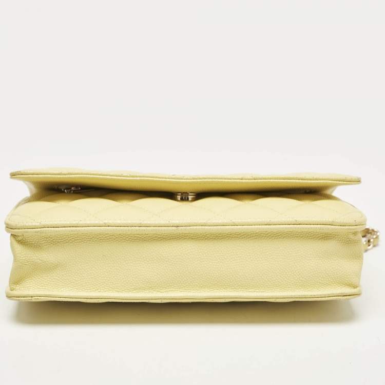 Pre Owned Chanel Yellow Quilted Caviar Leather Classic Wallet on Chain