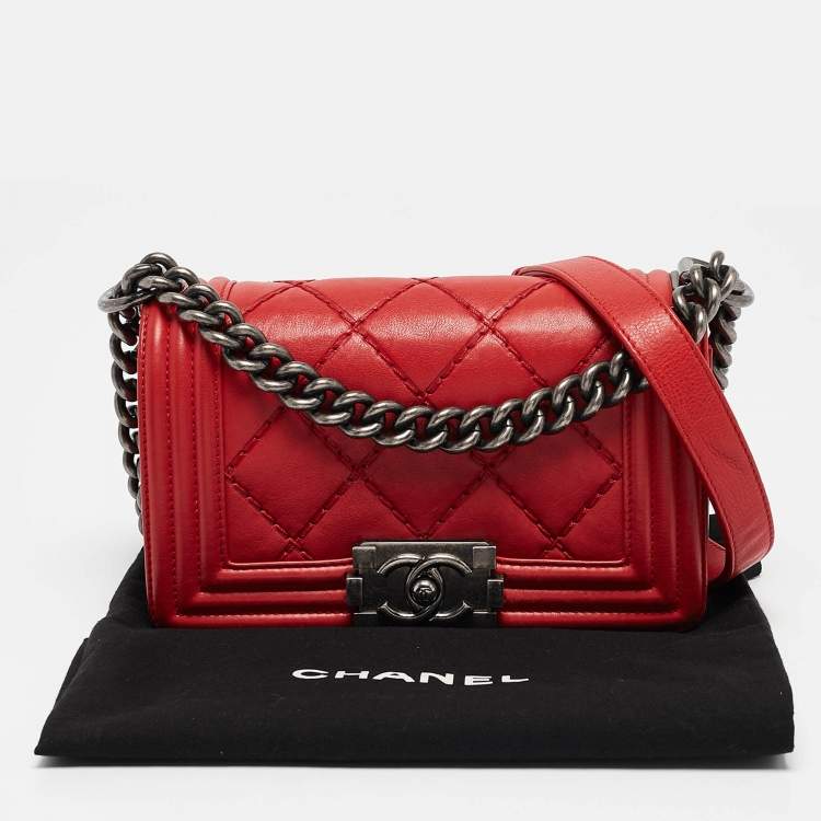 Pre Owned Chanel Red Double Stitch Leather Small Boy Flap Bag