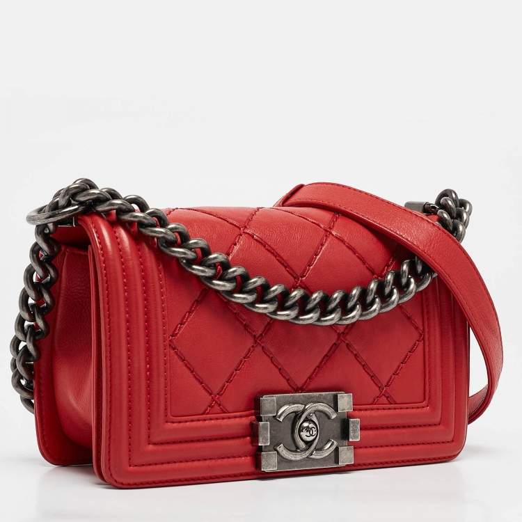 Pre Owned Chanel Red Double Stitch Leather Small Boy Flap Bag