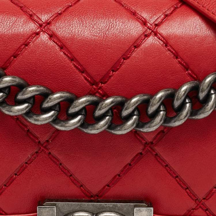 Pre Owned Chanel Red Double Stitch Leather Small Boy Flap Bag