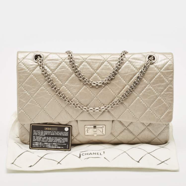 Pre Owned Chanel Silver Quilted Aged Leather 227 Reissue 2.55 Flap Bag