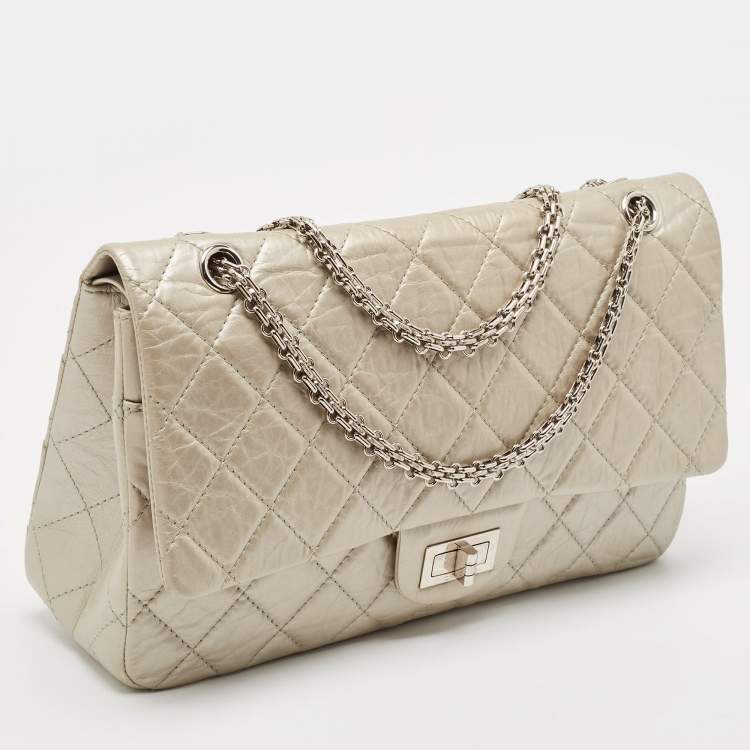 Pre Owned Chanel Silver Quilted Aged Leather 227 Reissue 2.55 Flap Bag