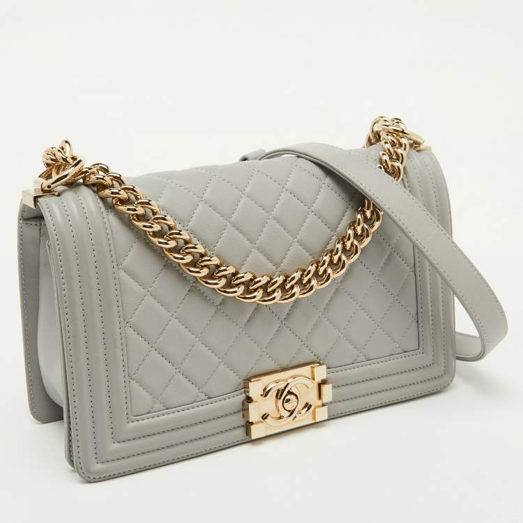 Pre Owned Chanel Grey Quilted Leather Medium Boy Flap Bag