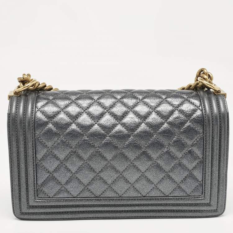 Pre Owned Chanel Metallic Grey Quilted Leather Medium Boy Flap Bag
