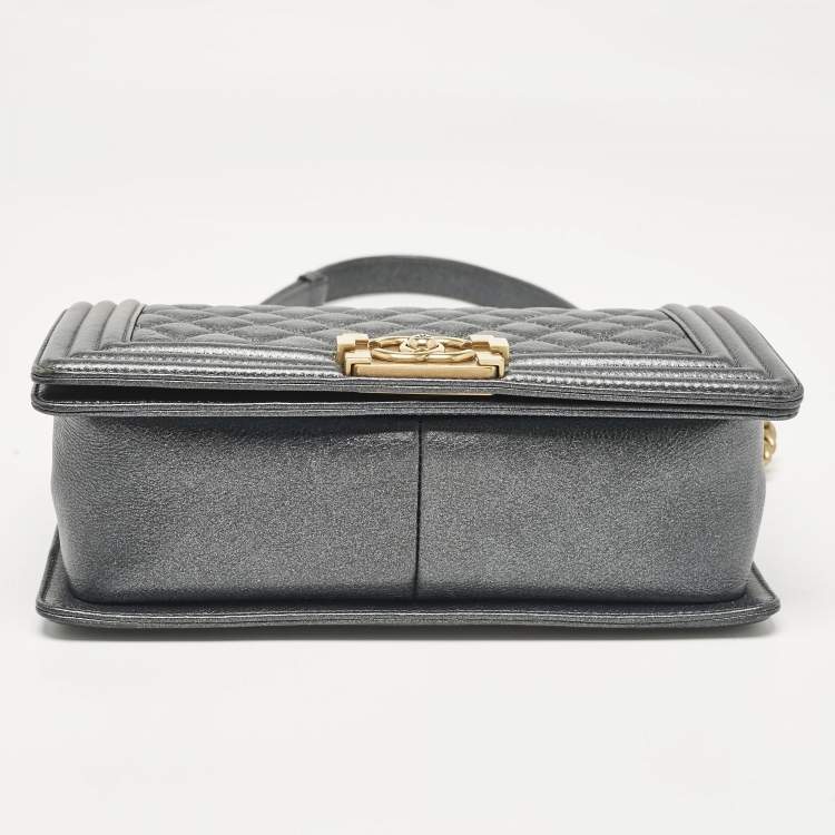 Pre Owned Chanel Metallic Grey Quilted Leather Medium Boy Flap Bag