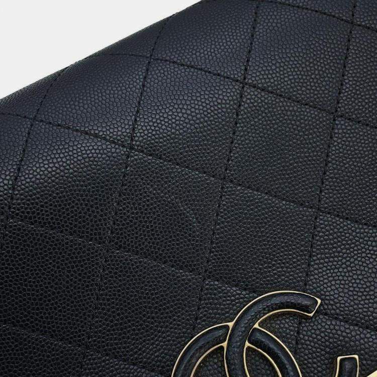 Pre Owned Chanel Matelasse Cc Logo Chain Black Caviar Leather Suede Shoulder Bag