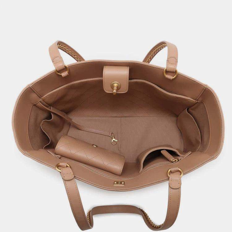 Pre Owned Chanel Beige Lambskin Leather Chain Shoulder Tote Bag