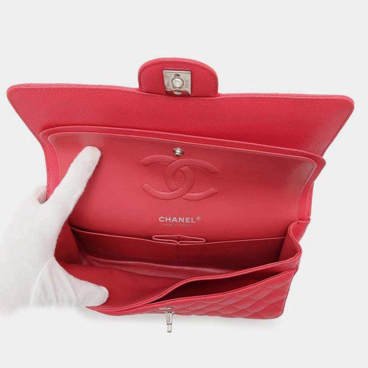 Pre Owned Chanel Red Caviar Leather Classic Double Flap Bag 