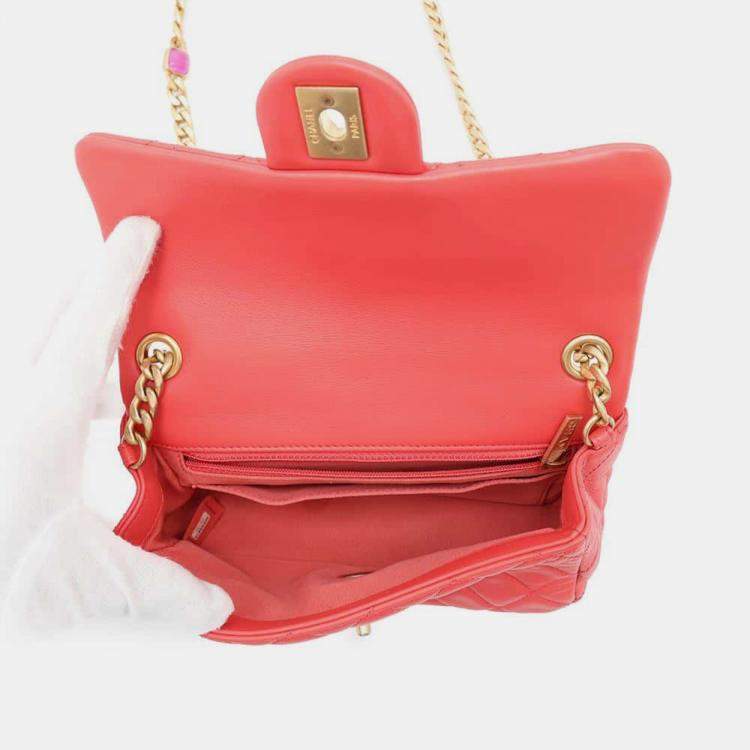 Pre Owned Chanel Red Lambskin Leather Flap Chain Shoulder Bag