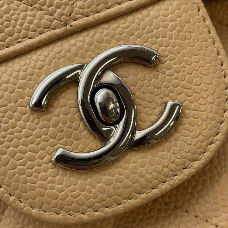 Pre Owned Chanel Beige Caviar Leather Double Flap Shoulder Bag 