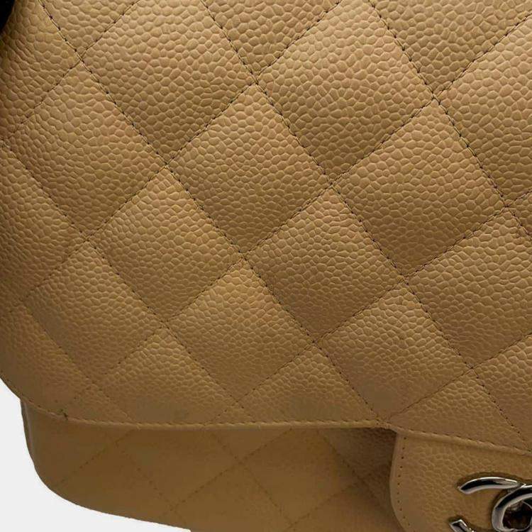 Pre Owned Chanel Beige Caviar Leather Double Flap Shoulder Bag 