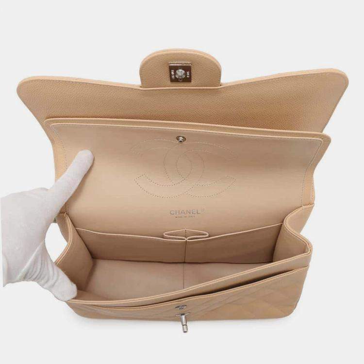 Pre Owned Chanel Beige Caviar Leather Double Flap Shoulder Bag 