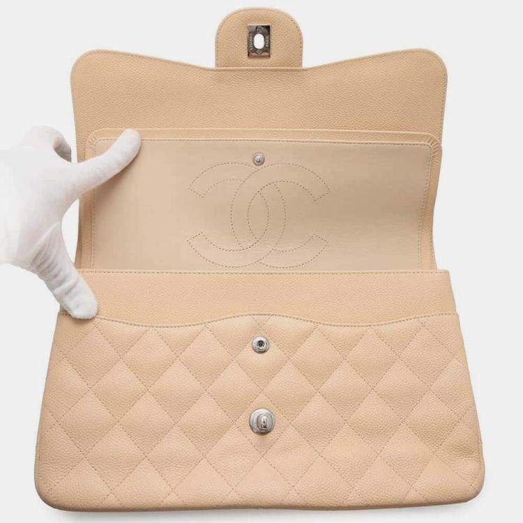 Pre Owned Chanel Beige Caviar Leather Double Flap Shoulder Bag 