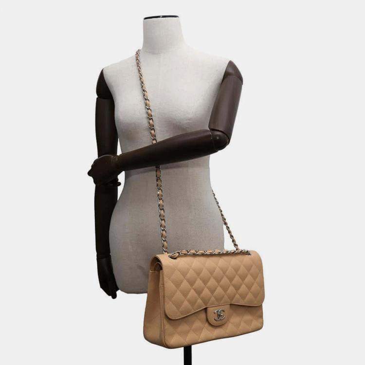 Pre Owned Chanel Beige Caviar Leather Double Flap Shoulder Bag 