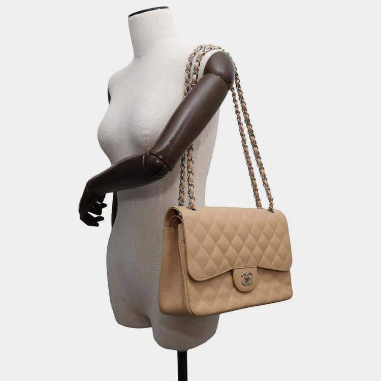 Pre Owned Chanel Beige Caviar Leather Double Flap Shoulder Bag 