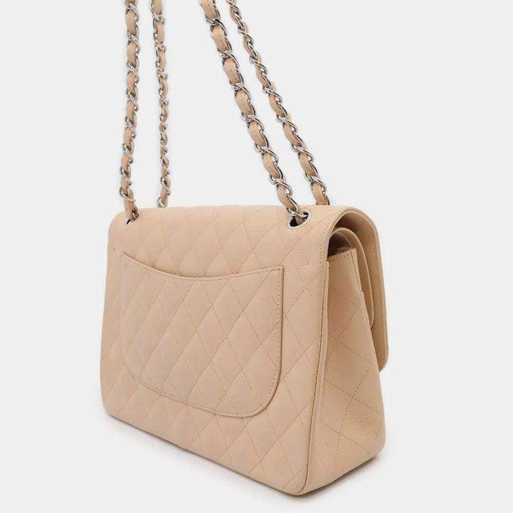 Pre Owned Chanel Beige Caviar Leather Double Flap Shoulder Bag 