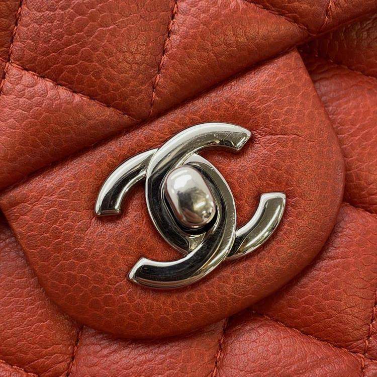 Pre Owned Chanel Red Caviar Leather Classic Double Flap Shoulder Bag 