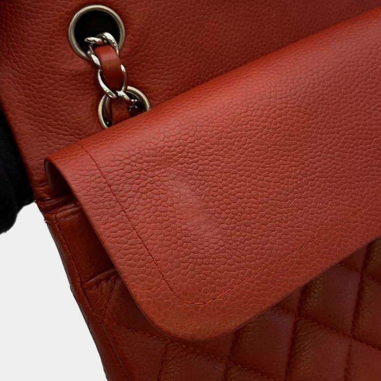 Pre Owned Chanel Red Caviar Leather Classic Double Flap Shoulder Bag 
